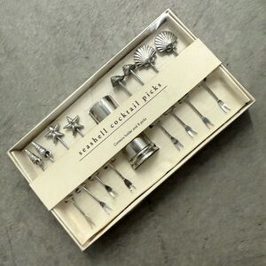 Pier 1 Seashell Cocktail Picks Hors D'Oeuvre 8 Picks &Holder Stainless Steel New